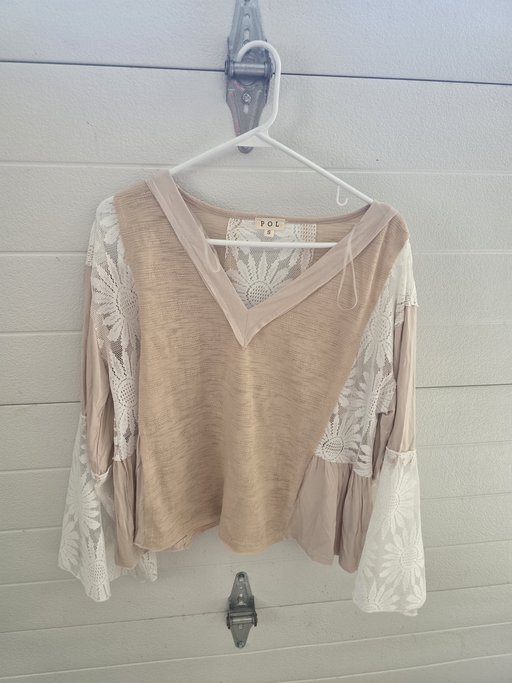 POL Beige Lace-Inset V-Neck Women's Top